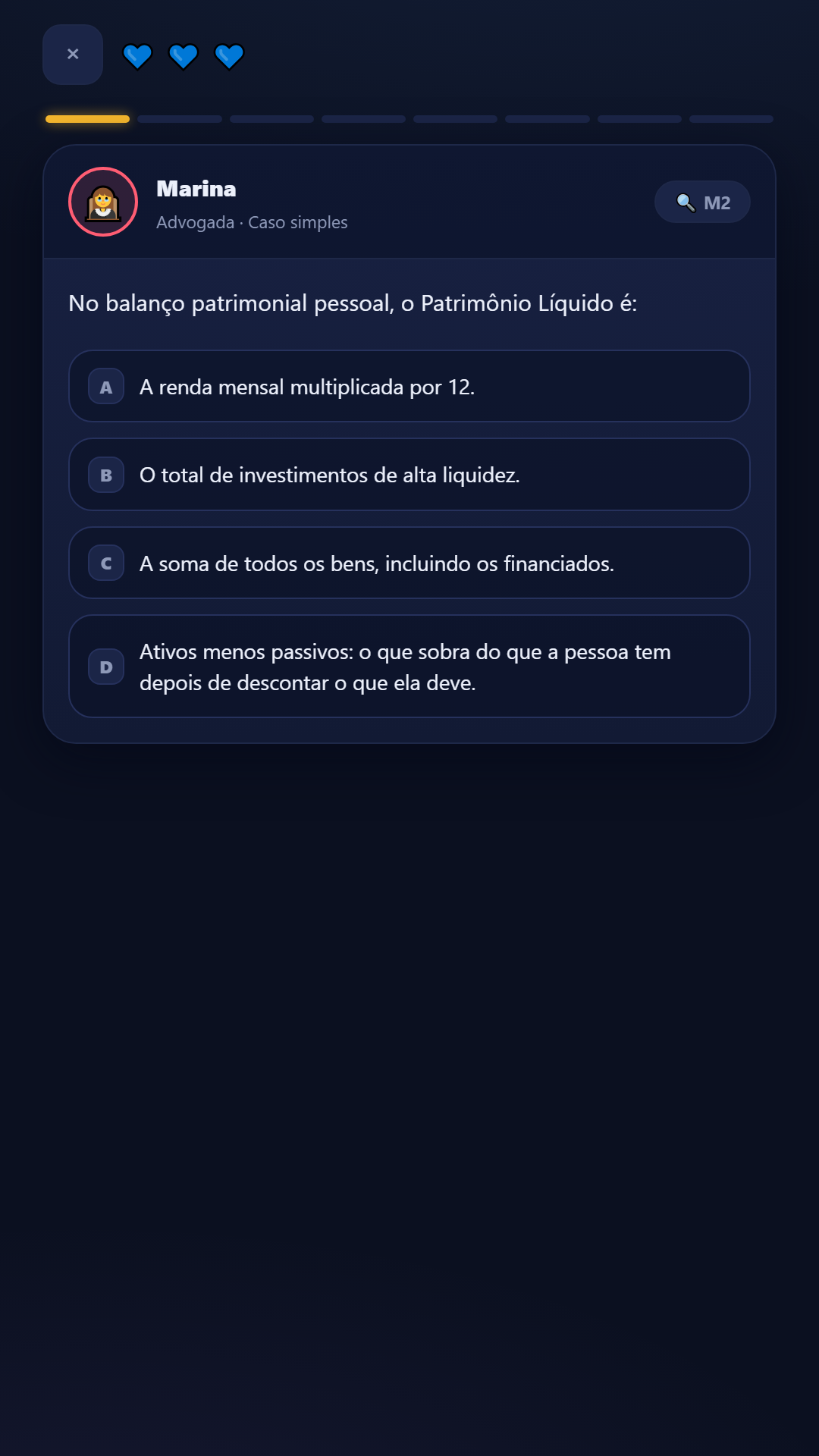 Modo Expediente do ASCENSÃO: cliente Marina, advogada, apresenta uma questão de balanço patrimonial com quatro alternativas