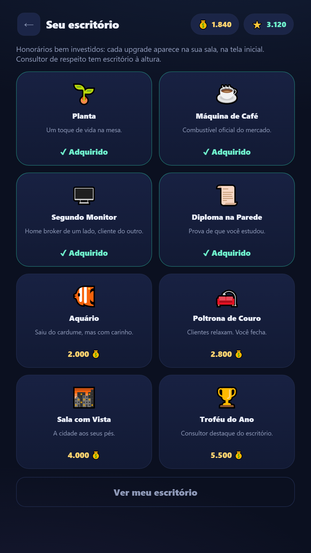 Loja do escritório no ASCENSÃO: upgrades como planta, monitor e aquário comprados com os honorários ganhos no jogo