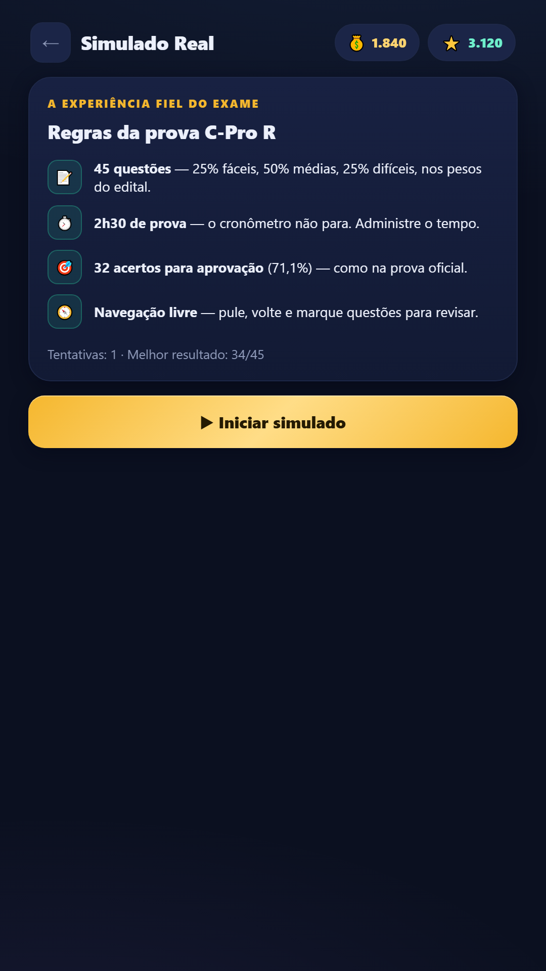 Simulado Real do ASCENSÃO: 45 questões com cronômetro de 2h30 e nota de corte de 32 acertos, igual ao exame C-Pro R